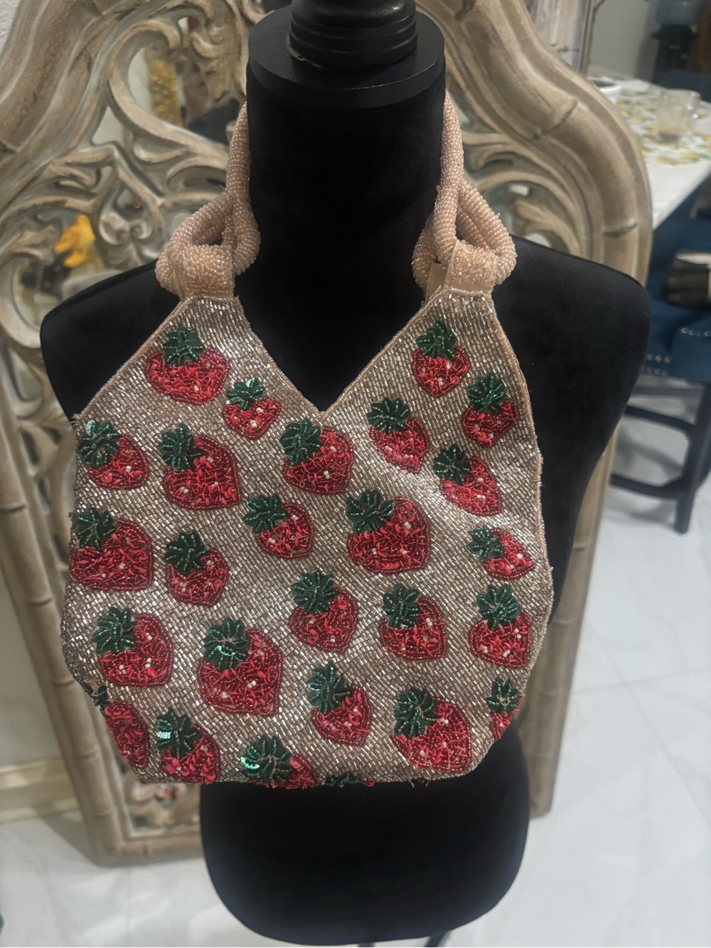 Beaded Strawberry Pattern Handbag in Champagne